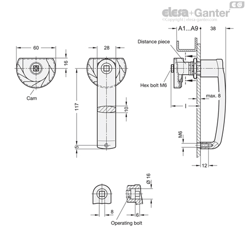 GN 119.3-VK8 Latches with Cabinet U-Handle With square spindle